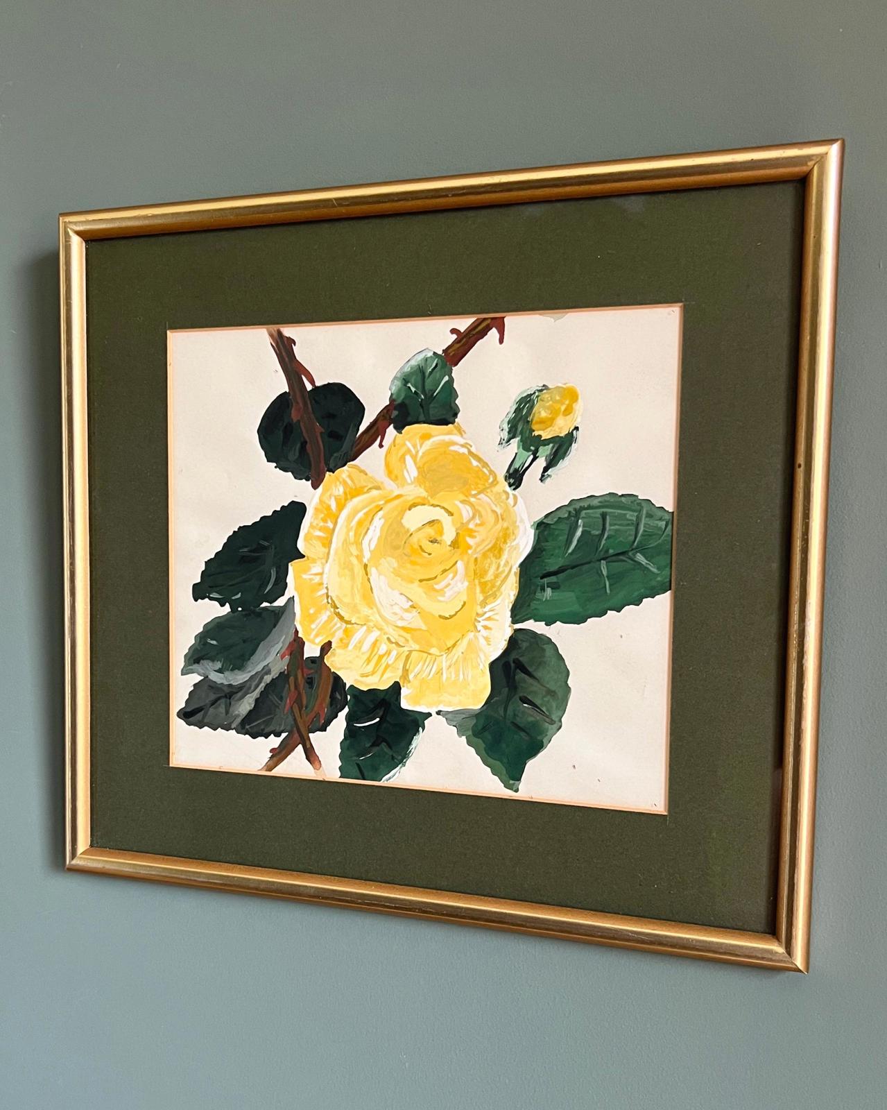 Vintage Framed Botanical Floral Yellow Rose Painting