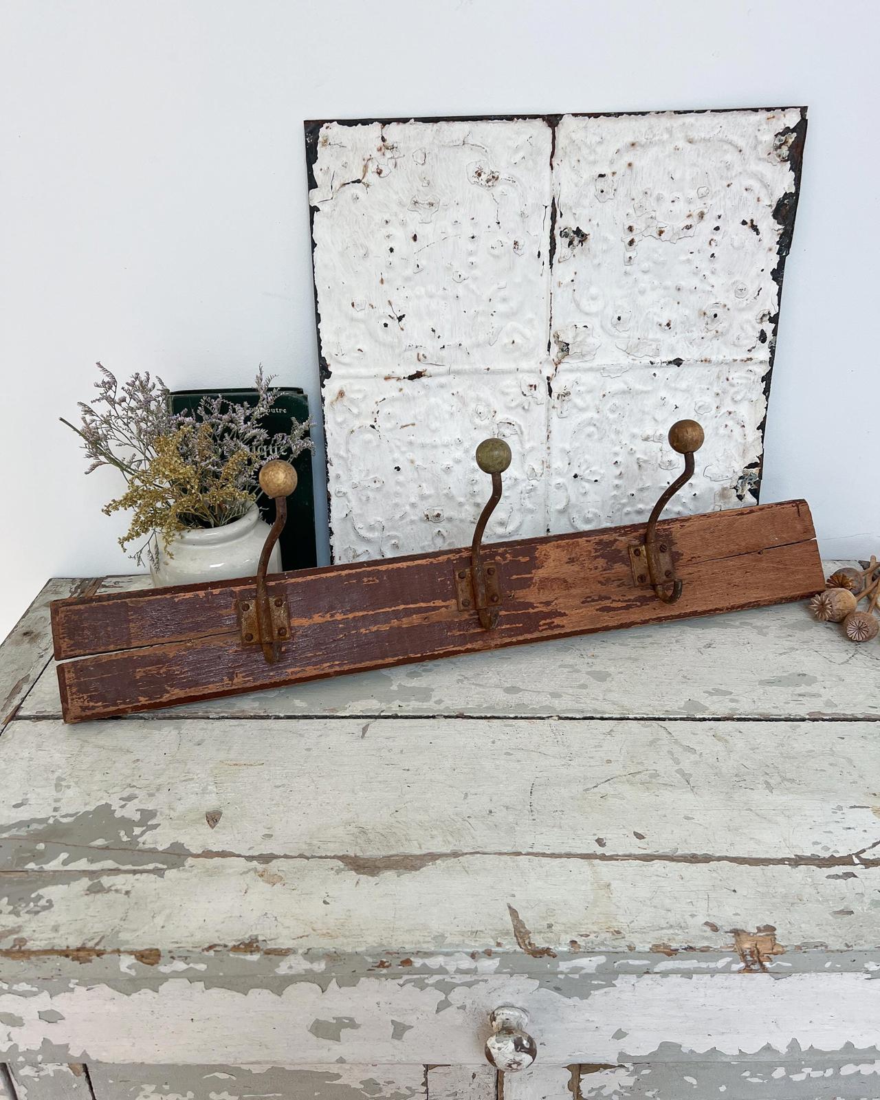 Vintage Rustic French Wooden Wall Coat Hooks