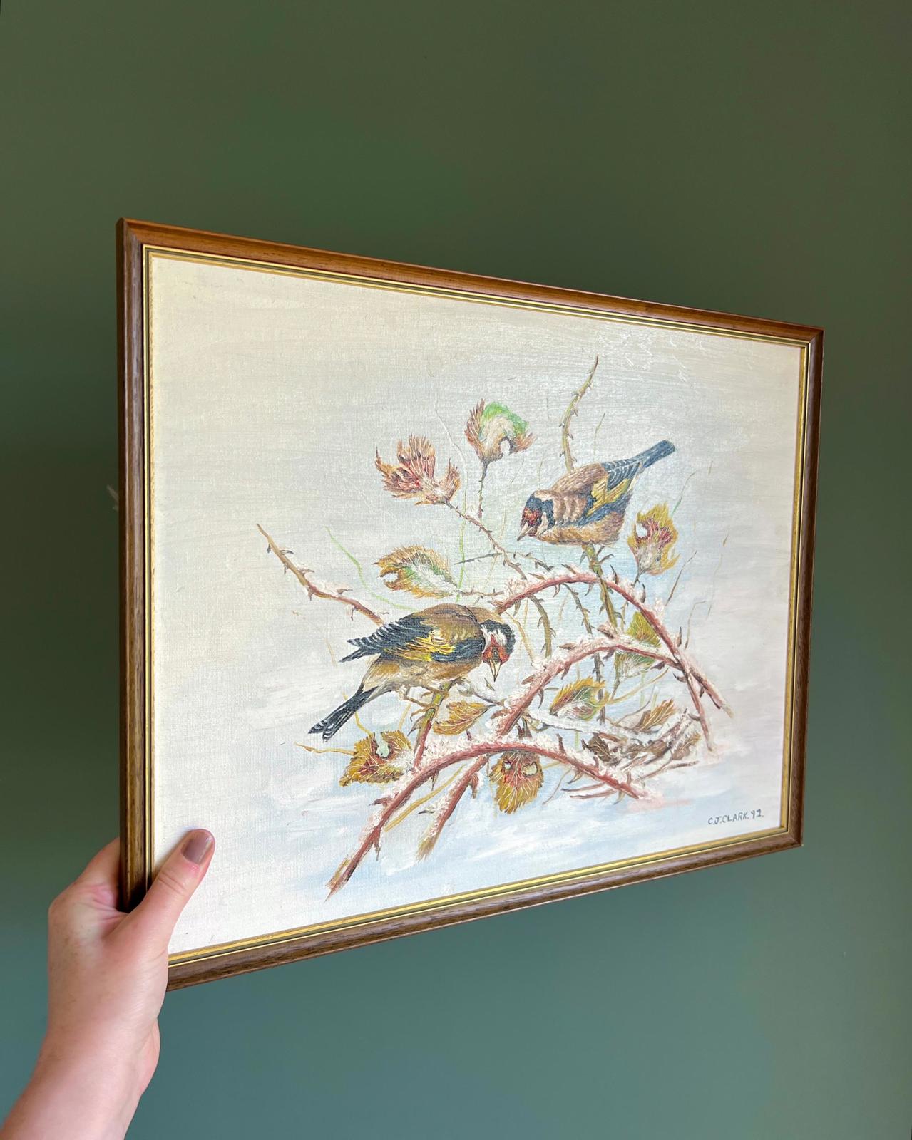 Vintage Woodland Birds Original Painting in Frame
