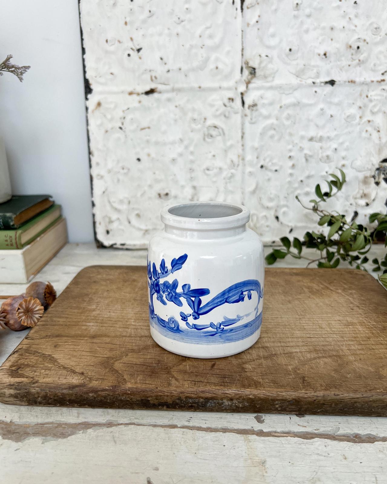 Vintage Blue Hand painted Chinoiserie Pot