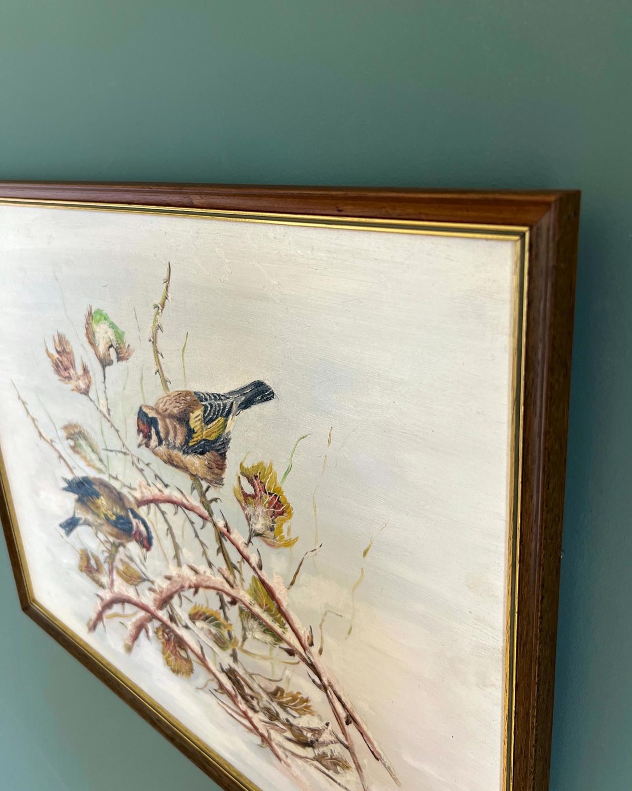 Vintage Woodland Birds Original Painting in Frame