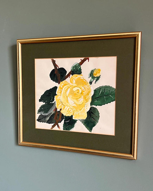 Vintage Framed Botanical Floral Yellow Rose Painting