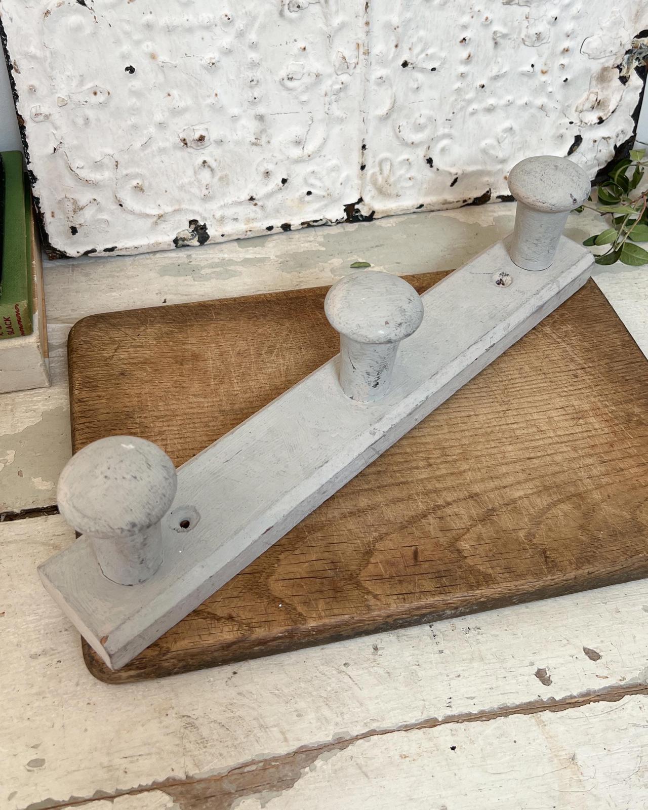 Vintage Wooden Grey Painted Wall Hallway Coat Hooks