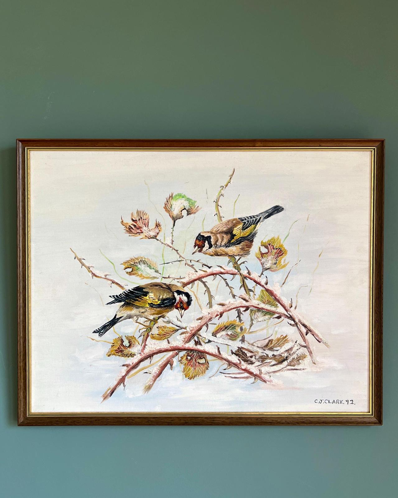 Vintage Woodland Birds Original Painting in Frame