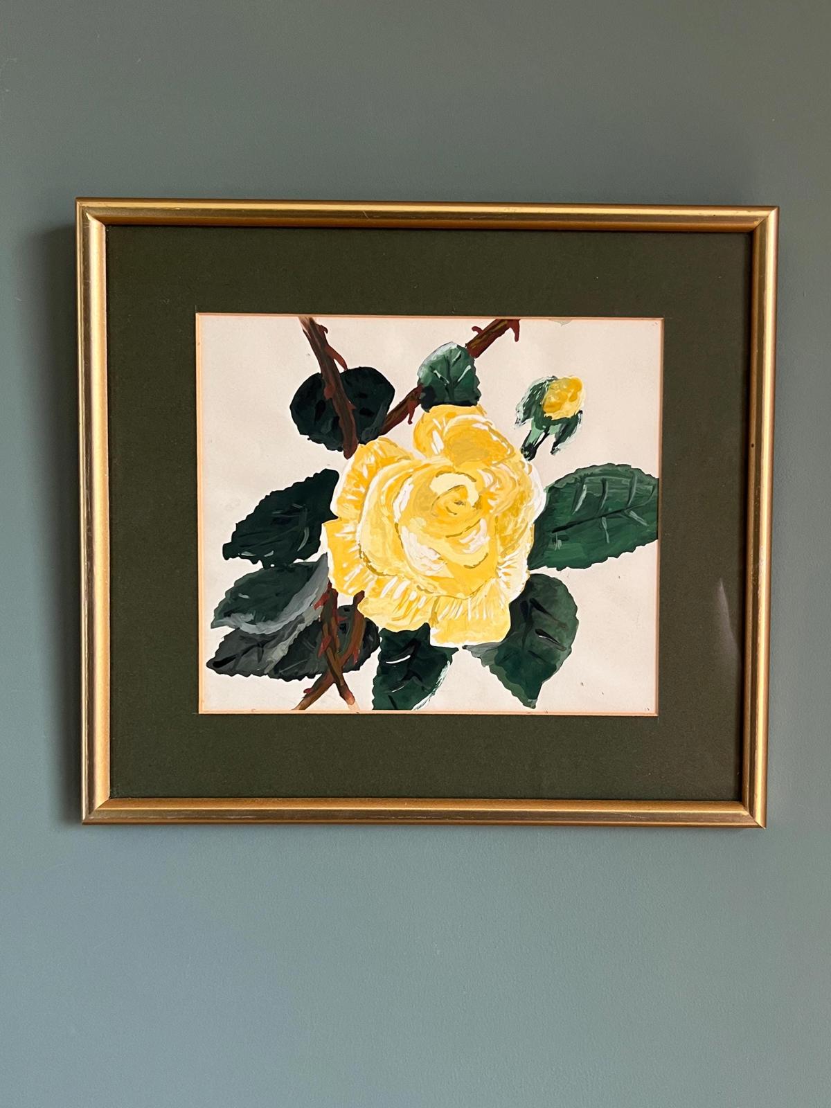 Vintage Framed Botanical Floral Yellow Rose Painting