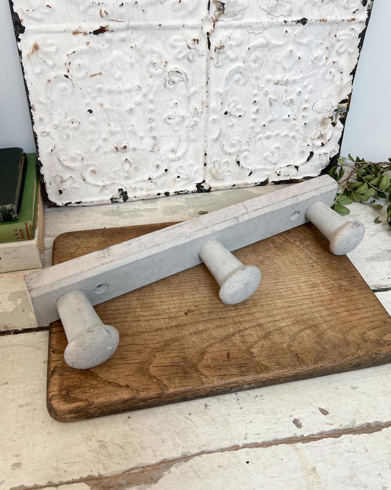 Vintage Wooden Grey Painted Wall Hallway Coat Hooks