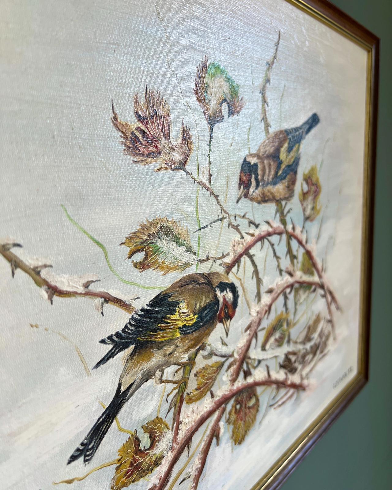 Vintage Woodland Birds Original Painting in Frame