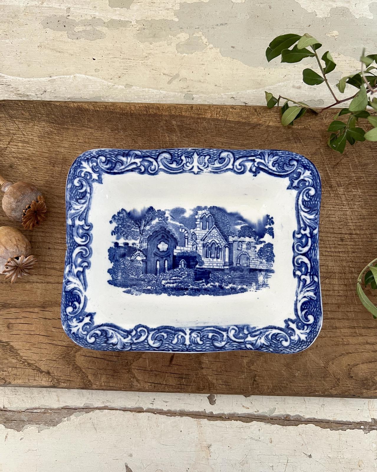 Antique Blue and White Transferware Abbey Dish, England