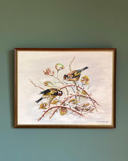 Vintage Woodland Birds Original Painting in Frame