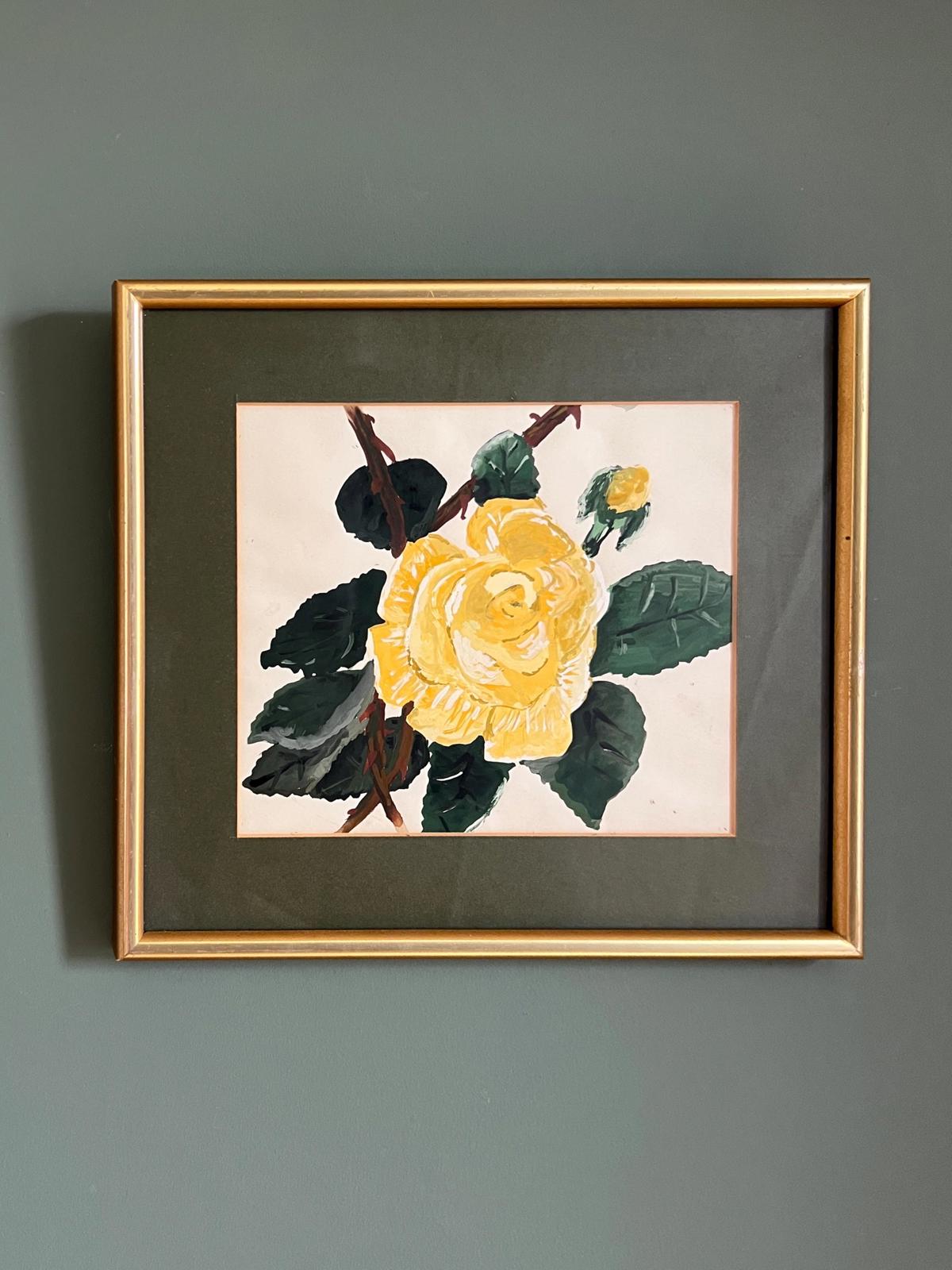 Vintage Framed Botanical Floral Yellow Rose Painting